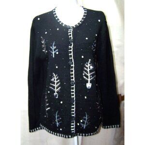 Vintage Sweater Basic Editions Holiday Silver Trees Party Christmas Med.